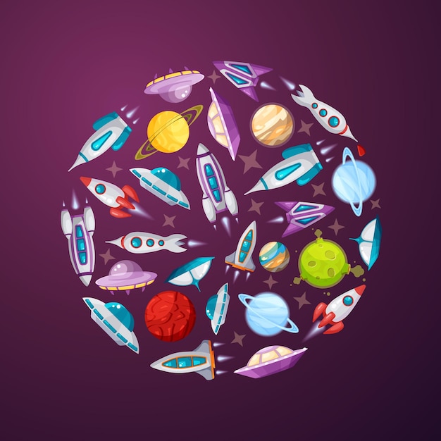 Space planets astronauts rockets universe galaxy exploring Vector illustration design objects in circle form