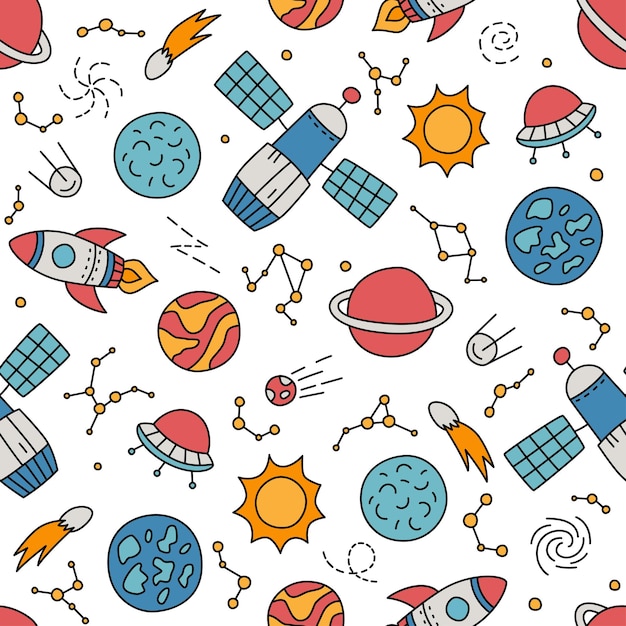 Space planets stars and rockets Hand drawn seamless pattern in doodle style Cosmos bakground Vector