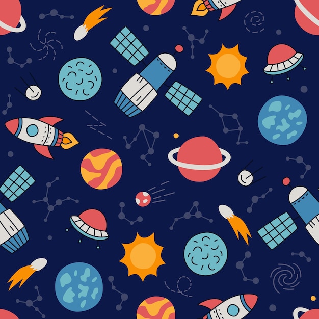 Space planets stars and rockets Hand drawn seamless pattern in doodle style Cosmos bakground