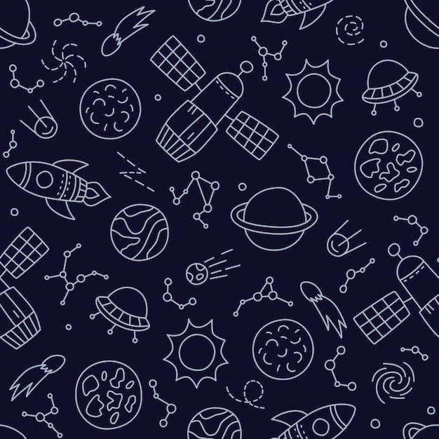 Space planets stars and rockets Hand drawn seamless pattern in doodle style Cosmos bakground