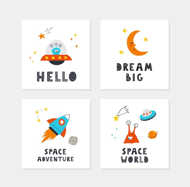 Space posters with hand-drawn cute aliens, planets, stars, moon, UFO and lettering. Vector design for baby room, greeting cards, t-shirts.