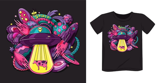 Space print with alien saucer, rocket, planets, stars t-shirt design