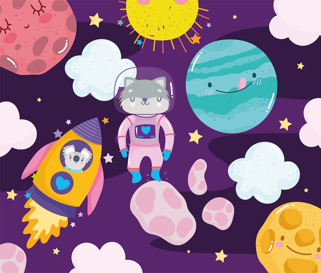 Space raccoon astronaut rocket planet sun and clouds adventure galaxy cartoon  illustration