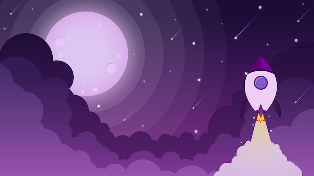 Space rocket flying over clouds with moon and stars vector wallpaper