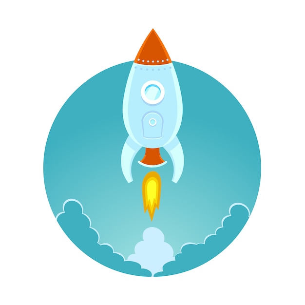 Space rocket flying in sky,   colored  illustration