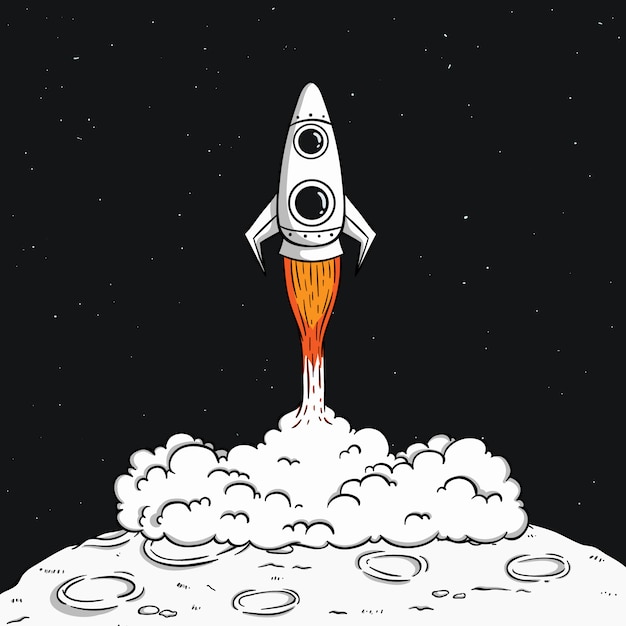 Space rocket launch on the moon with smoke and space illustration