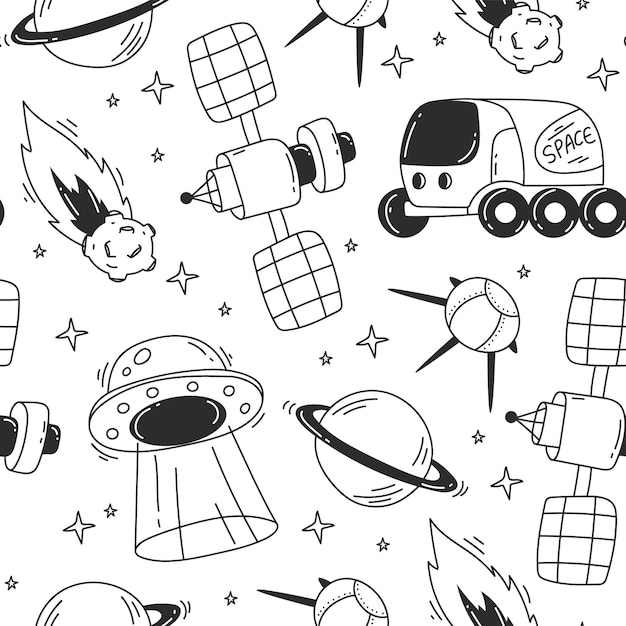 Space rocket planet seamless doodle pattern concept graphic design illustration