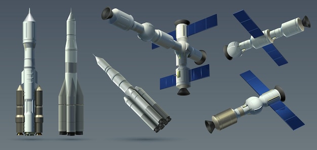 Space rockets. Realistic 3D spaceships and space stations collection, automatic satellite and interplanetary station mockup. Vector illustration heavy rockets and space modules set isolated on gray