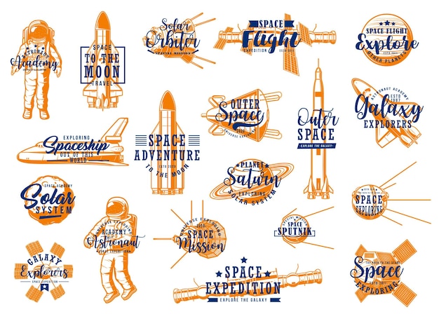 Space rockets, spaceman galaxy expedition icons