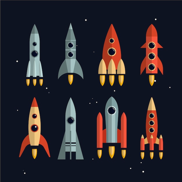 Space rockets vector set in flat style. Space exploration and business start up launch concept. Isolated design elements.