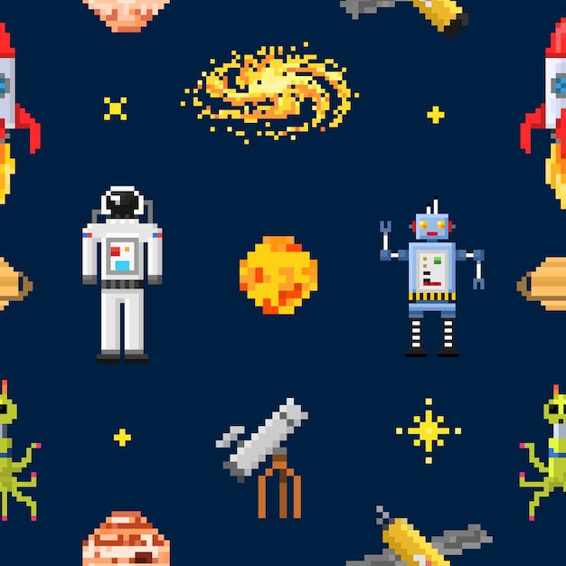 Space seamless pattern background alien spaceman robot rocket and satellite cubes solar system planets pixel art digital vintage game style Mercury Venus Earth Mars Jupiter Saturn