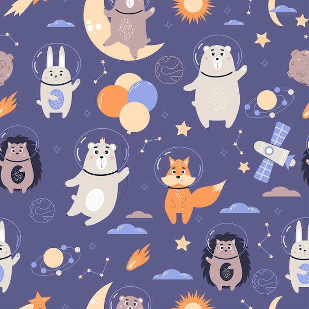 Space seamless pattern Cute animal astronauts Funny Bear with balloons rabbit fox and hedgehog