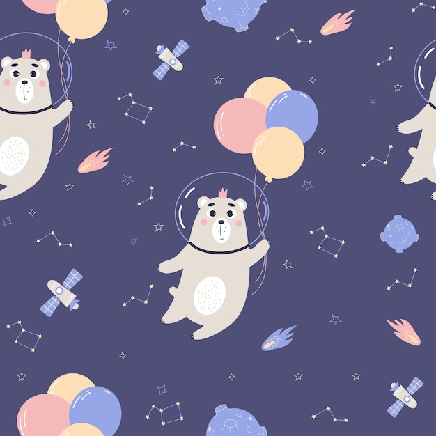 Space seamless pattern Cute astronaut bear with balloons stars and meteorites on blue background