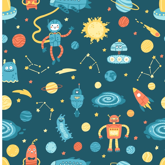 Space seamless pattern. Galaxy, planets, robots and aliens. A childish vector collection of hand-drawn cartoon objects in a simple Scandinavian style.