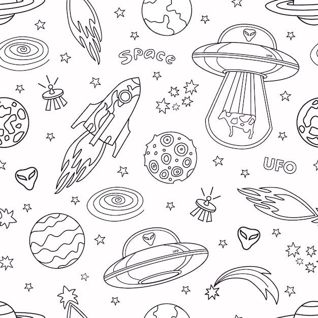 Space seamless pattern in the outline style. coloring book.