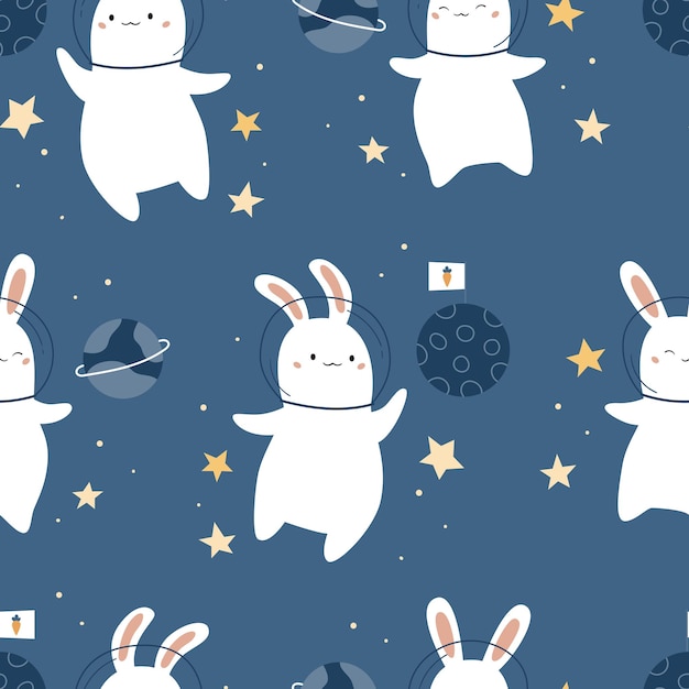 Space seamless pattern with kawaii rabbits