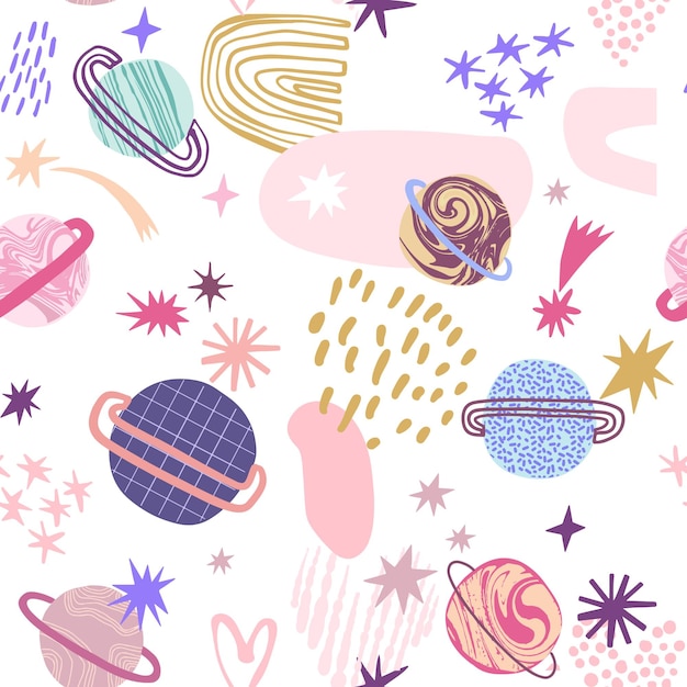 Space seamless pattern with stars and planets