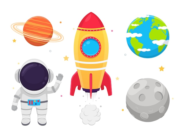 Space set astronaut in suit rockets and planets on white background