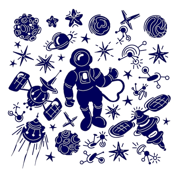 Space set Futuristic art line doodle group Graphic sketch of astronaut planet rocket mars moon