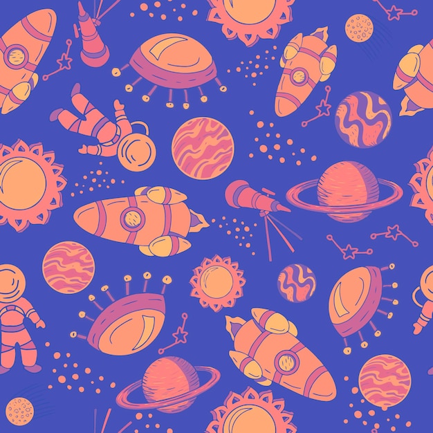 space set vector illustration handdrawn cute images childrens bright colored rocket meteorite