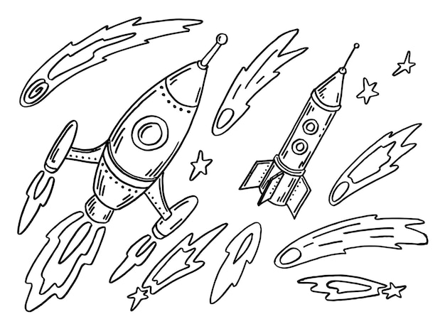 A space set with space rockets comets and stars Kid Scheme For coloring with markers and pencils