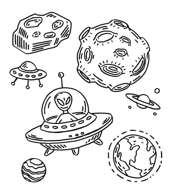 A space set with various applications of planets Ufo dishes and an alien