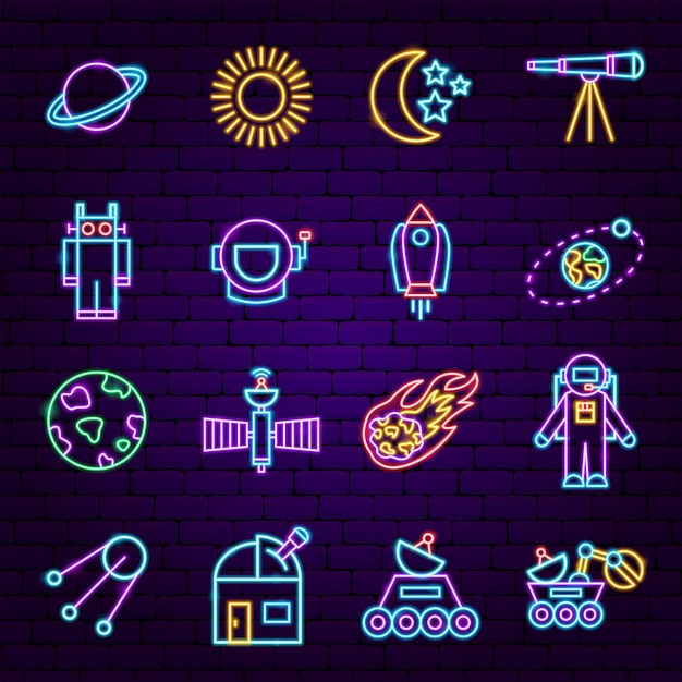 Space Sign Neon Icons. Vector Illustration of Cosmic Promotion.