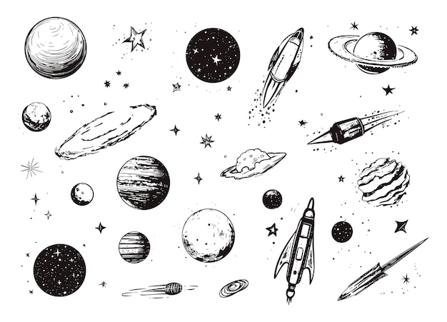 Vector space sketch grunge elements various abstract planets comets spaceships hand drawn universe adventures dirty vector clipart