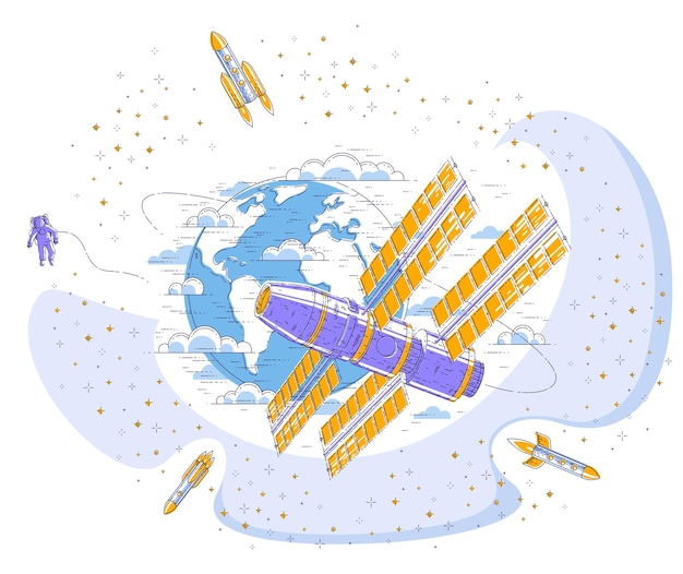 Vector space station flying orbital flight around earth, spacecraft spaceship iss with solar panels, artificial satellite, with rockets, stars and other elements. thin line 3d vector illustration.