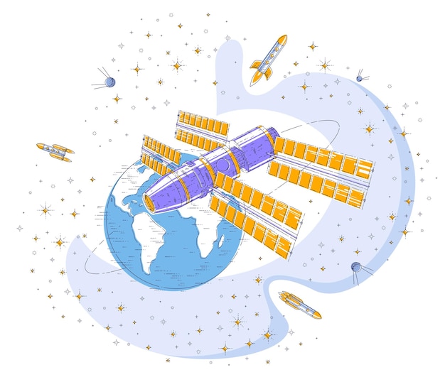 Vector space station orbiting around earth, spaceflight, spacecraft spaceship iss with solar panels, artificial satellite, with rockets, stars and other elements. thin line 3d vector illustration.