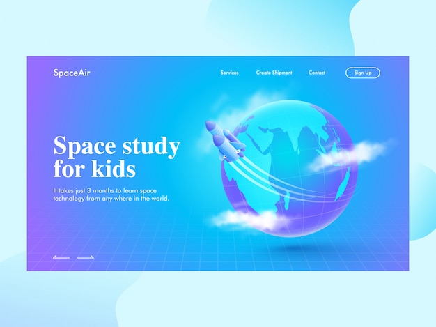 Space study for kids landing page  with rocket moving around the world globe on blue grid .