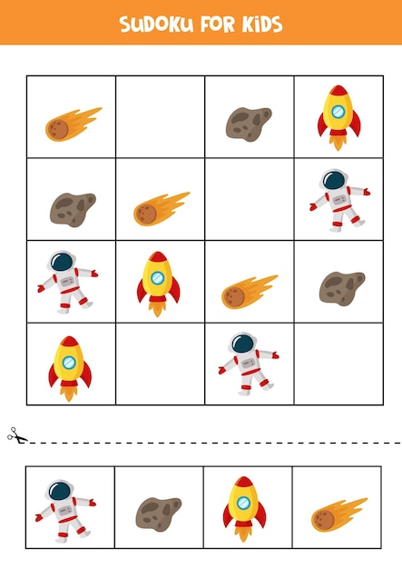 Space sudoku for preschool kids. Logical game with rocket and astronaut.