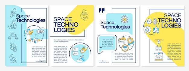 Vector space technologies blue and yellow brochure template equipment for exploration leaflet design with linear icons 4 vector layouts for presentation annual reports questrial latoregular fonts used