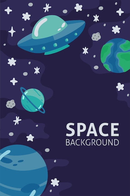 Space template with ufo planets cosmonaut and copy space for your text in cartoon style Cute concept for kids print Illustration for design kids room postcard textiles Vector