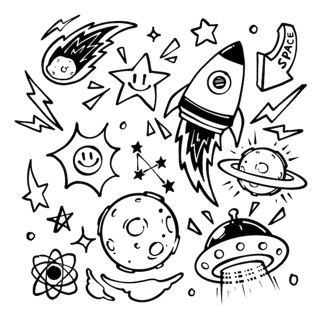 Space theme handdrawn illustration bundle set