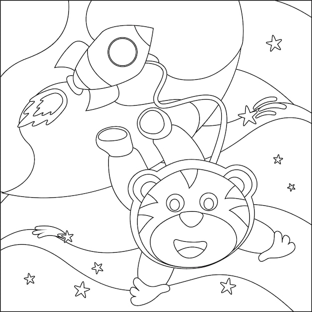 Vector space tiger or astronaut in a space suit with cartoon style creative vector colouring book or page