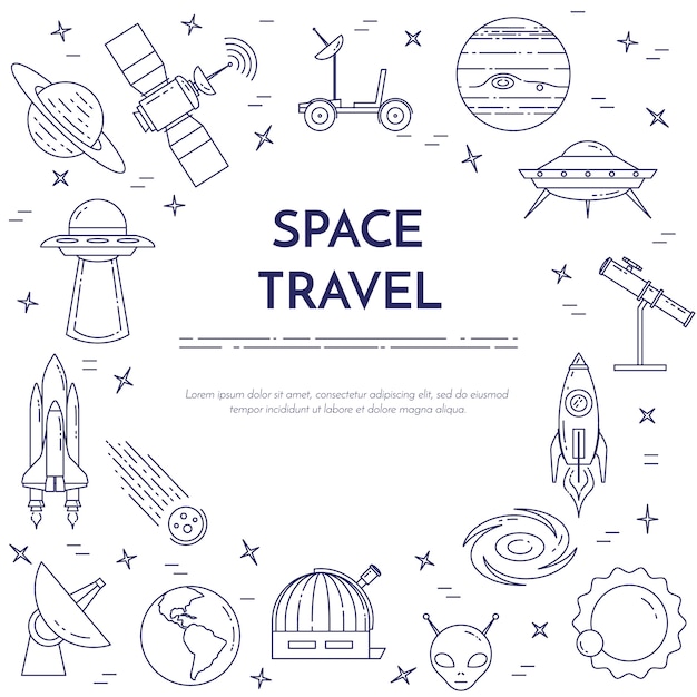 Space travel line banner. Set of elements of planets, space ships, ufo, satellite, spyglass and other cosmos pictograms. Concept for website, card, infographic, advertise. Vector illustration