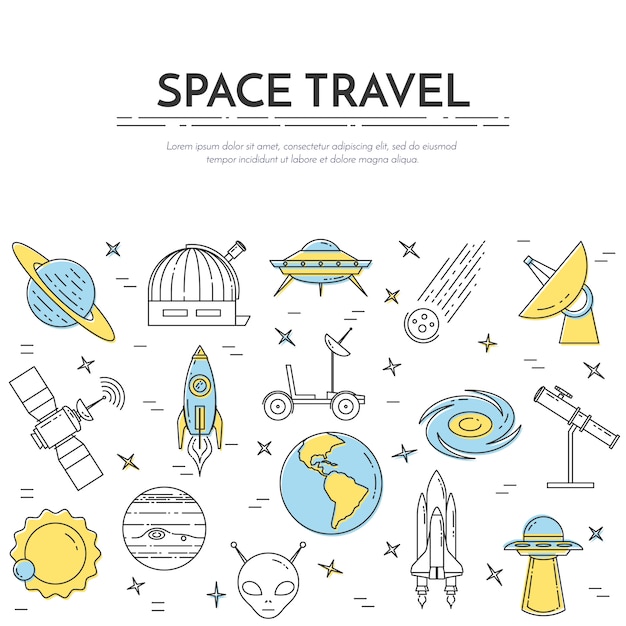 Space travel line banner. Set of elements of planets, space ships, ufo, satellite, spyglass and other cosmos pictograms. Concept for website, card, infographic, advertise. Vector illustration