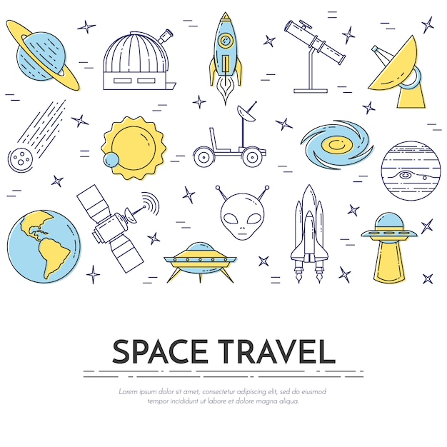 Space travel line banner with cosmos pictograms.