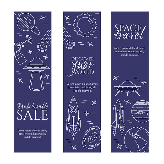 Vector space travel line banner with cosmos pictograms.