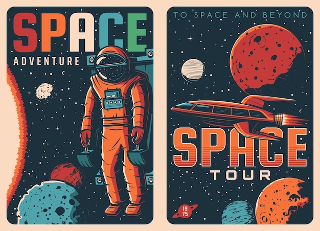 Space travel tours retro posters galaxy adventure