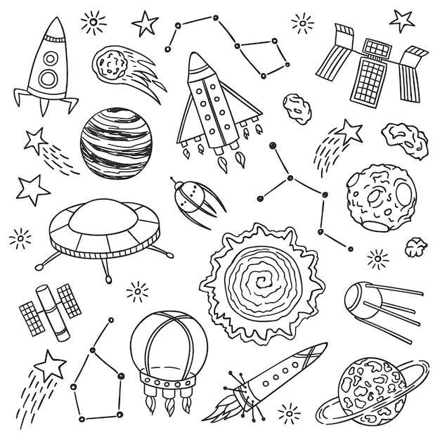 Space vector illustration set. Hand drawn doodle sketch. Cartoon planets, rockets, stars, asteroids and other cosmic elements