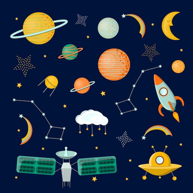 Space vector set Space objects stars planets satellites Flat vector illustration