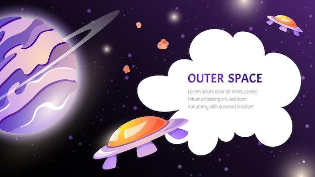 Space with planet, ufo spaceship and cloud cartoon illustration in game style