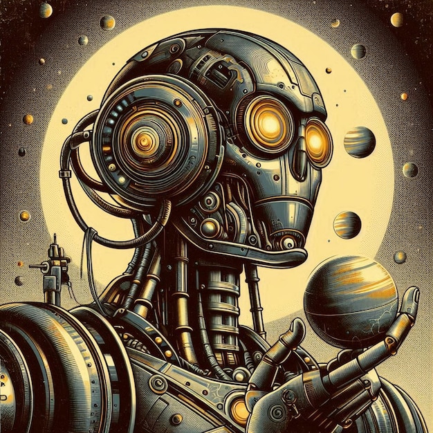 Vector spaceage robot with vintage metallic textures illusration