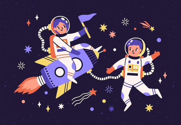 Spaceman children in space suits traveling in universe. Adventure of cute funny astronauts in cosmos. Kids on rocket. Childish colored flat vector illustration of spacewalk on spaceship.