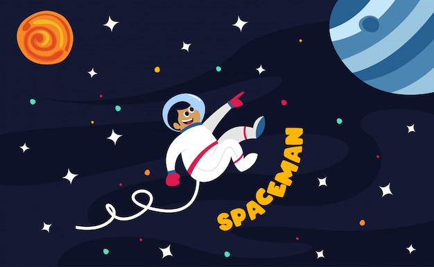 Spaceman in outer space with all of stars and planets illustration