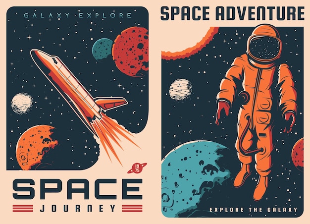 Spaceship, astronaut in outer space retro posters