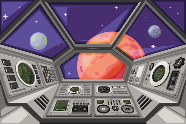 Spaceship cabin Futuristic interface of spacecraft with user dashboard panels controlling systems garish vector cartoon background