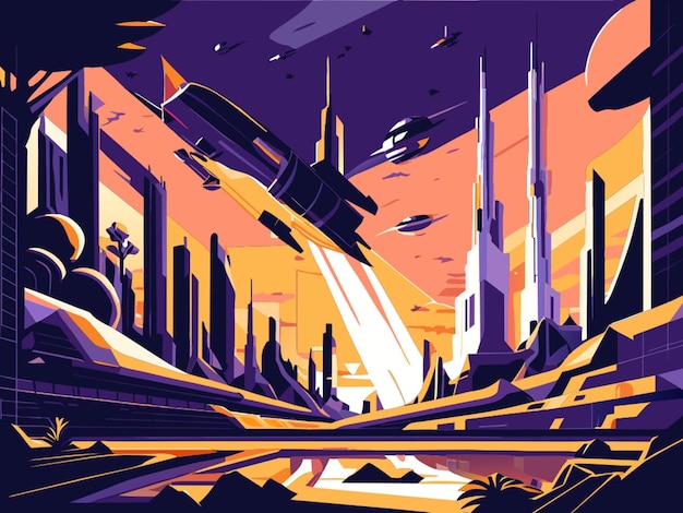 spaceship launch in city of the future retro futurism landscape skyscrapers river vector